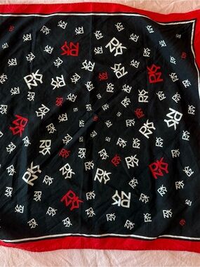 DKNY Black Scarf with Red & White Logo Print